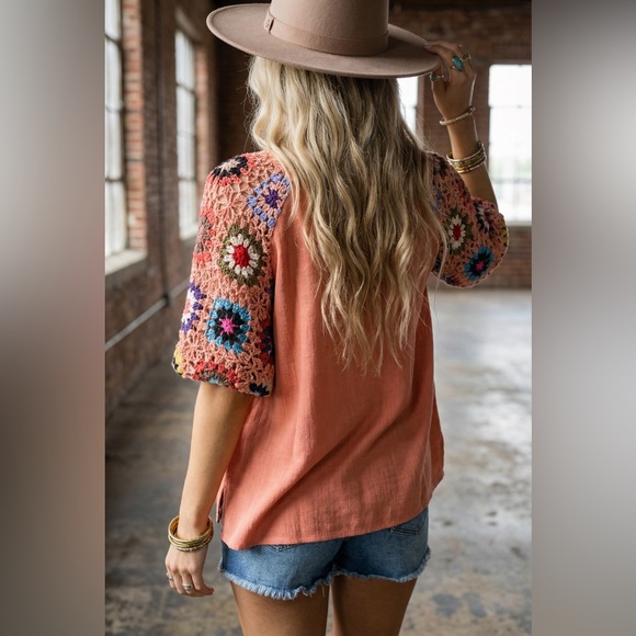 NWT UMGEE Boho Festival Hippie Granny Crochet Tile Linen Cotton Blend Top Shirt - Picture 4 of 8